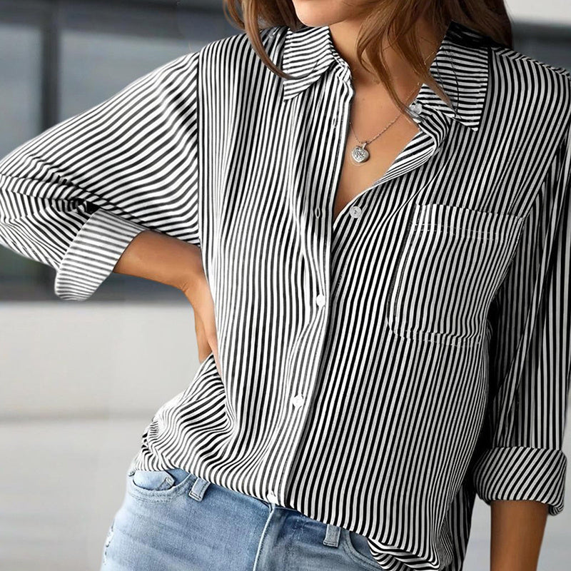 Women's Elegant Striped Long Sleeve Shirt - Pointed Lapel Collar With Chest Pocket, Button-Up Casual Blouse For Spring&Fall - kinko