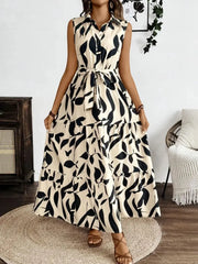 Printed Tie Waist Sleeveless Maxi Dress - kinko