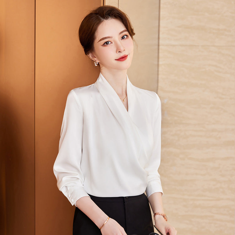 Long Sleeve V-neck New Acetate All-matching Pullover Business Wear Bottoming Shirt For Women - kinko