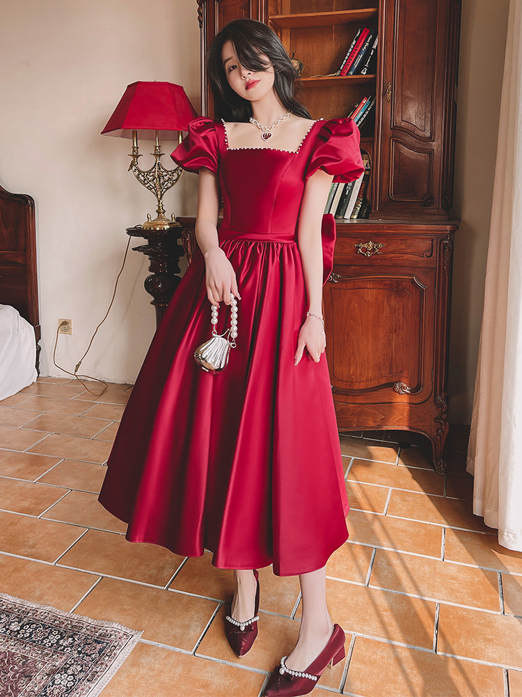 Winter Wine Red Engagement Daily French Princess On The Run Satin Dress - kinko