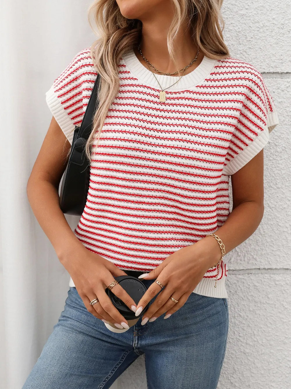Striped Round Neck Short Sleeve Knit Top - kinko