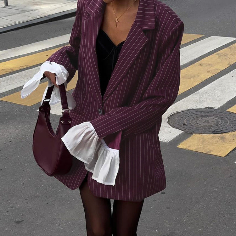 Lace Bell Sleeve Loose Casual Striped Blazer - kinko