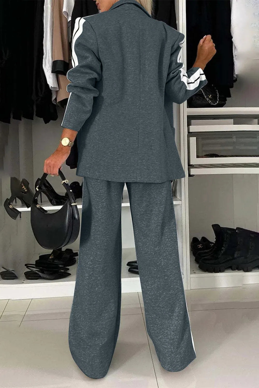 Full Size Contrast Lapel Collar Top and Pants Set - kinko