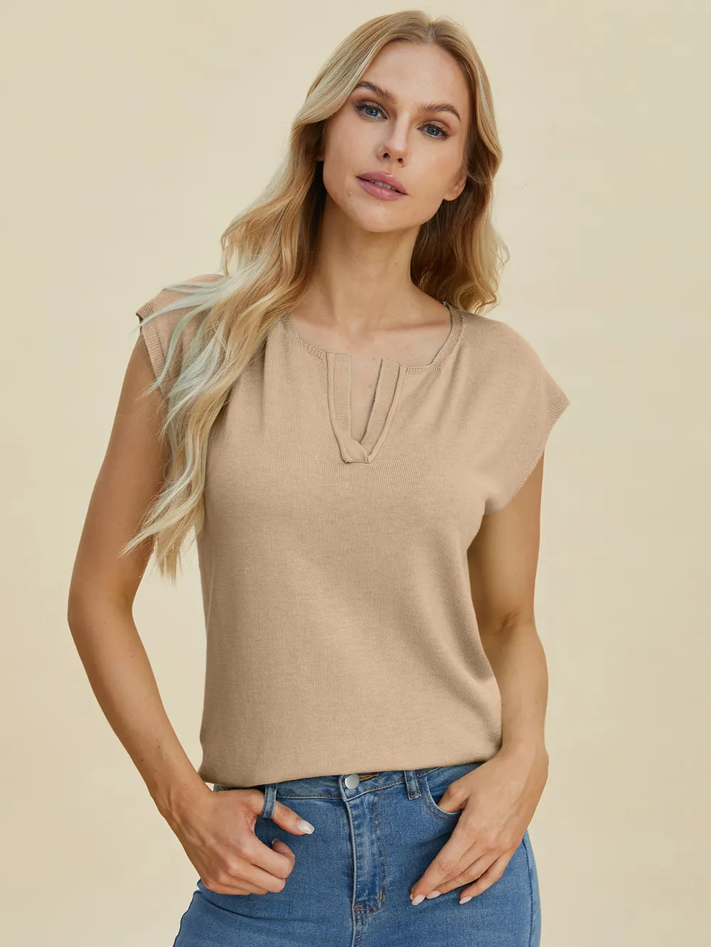 Double Take Full Size Notched Cap Sleeve Knit Top - kinko