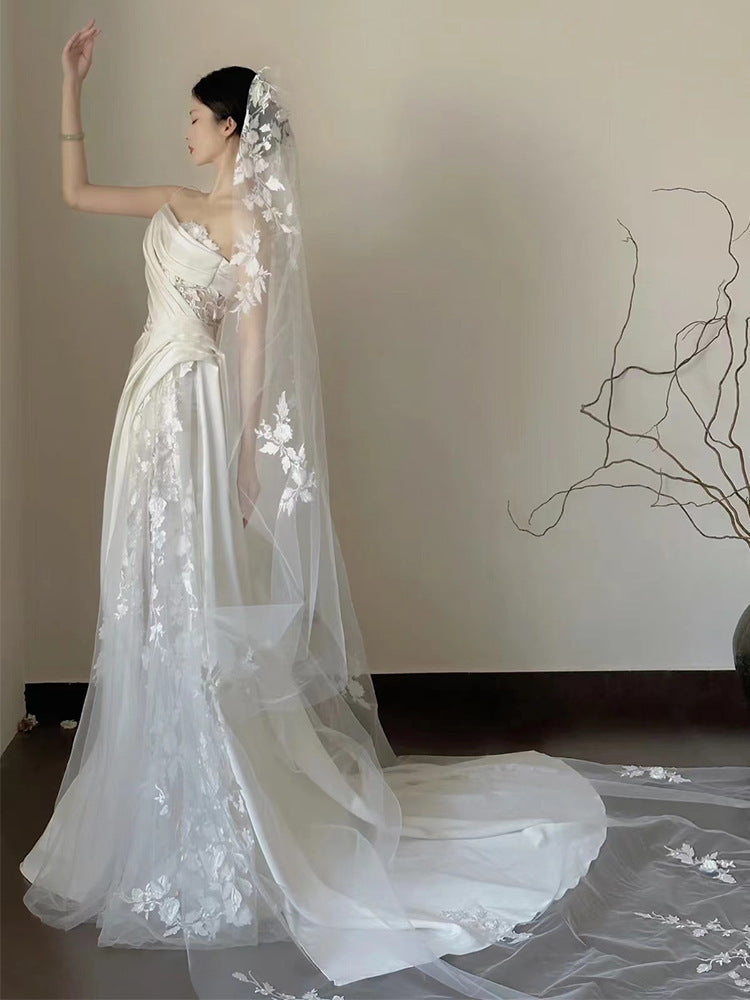 Satin Lace Wedding Veil Tube Top Fishtail Wedding Dress - kinko