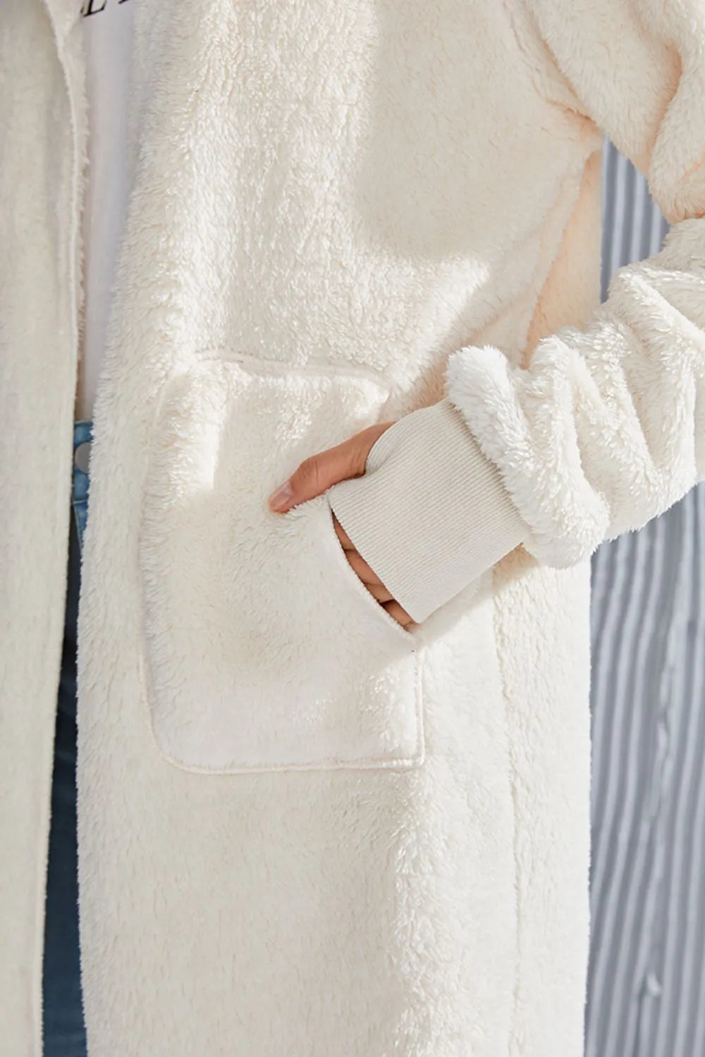 Double Take Full Size Hooded Teddy Bear Jacket with Thumbholes - kinko