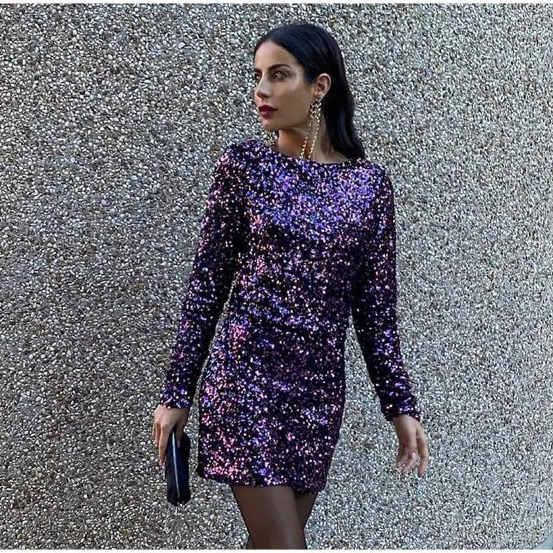 French Style Retro Crew Neck Long Sleeve Sequined Backless Dress - kinko
