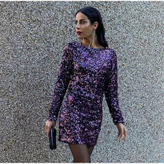 French Style Retro Crew Neck Long Sleeve Sequined Backless Dress - kinko