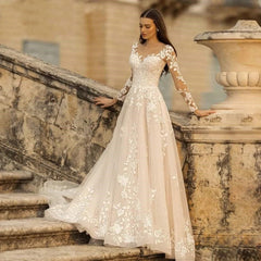 Long Sleeve Wedding Dress Mori Style Bridal Simple Round Neck - kinko