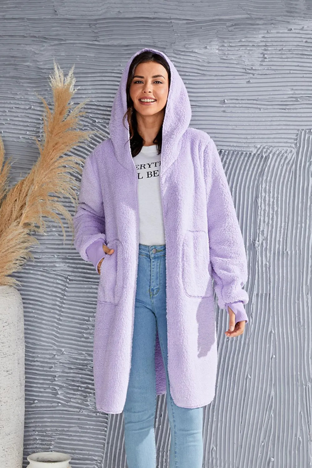 Double Take Full Size Hooded Teddy Bear Jacket with Thumbholes - kinko