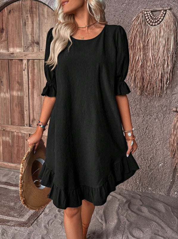 Fashion Ruffle Short-sleeved Dress Summer Solid Color Round Neck Loose Straight Dresses Womens Clothing - kinko