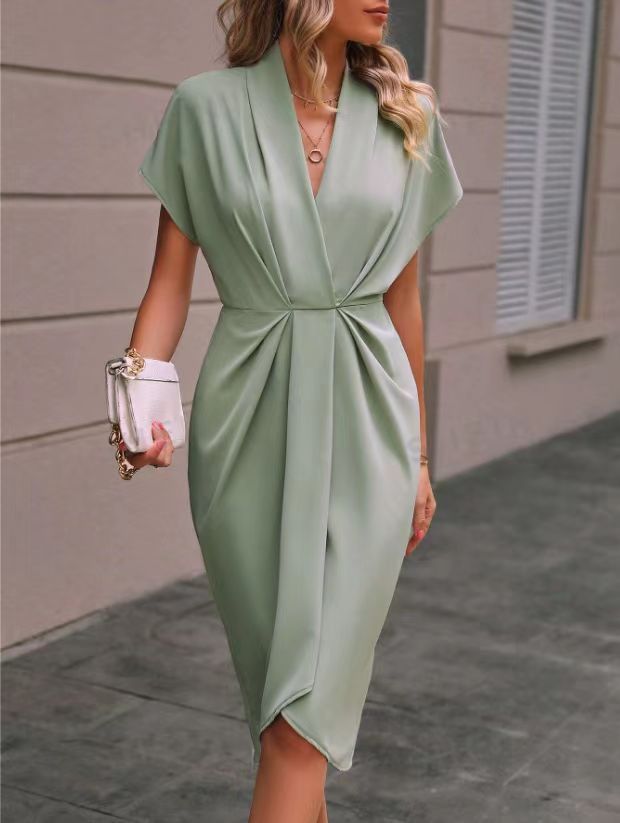 Summer Batwing Sleeve Dress Fashion V-neck Short Sleeve Pleated Dresses Womens Clothing - kinko