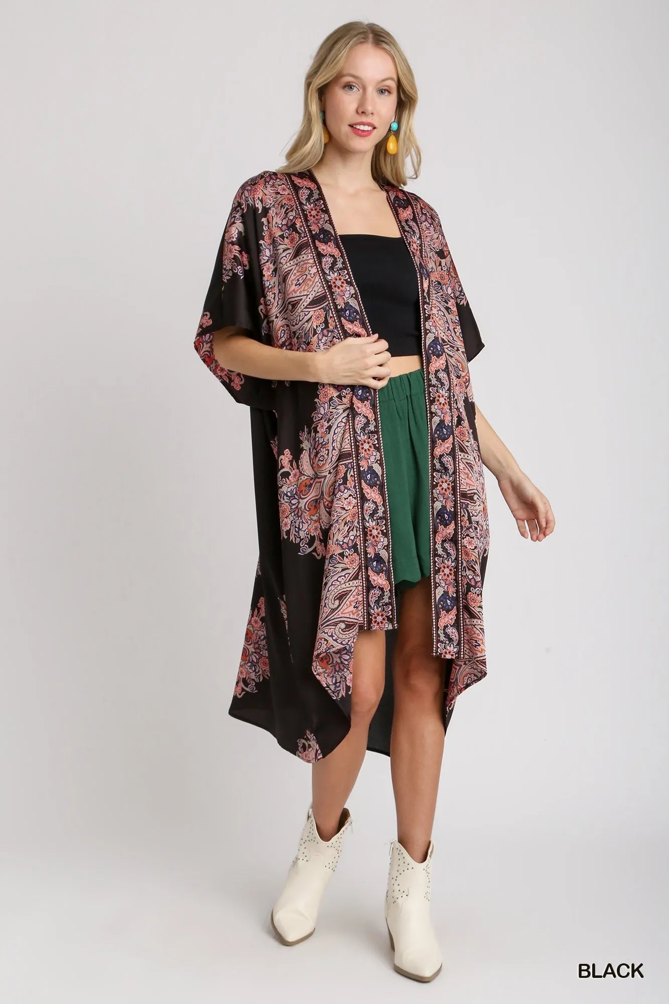 Umgee Satin Border Print Short Sleeve Open Front Kimono - kinko