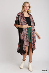 Umgee Satin Border Print Short Sleeve Open Front Kimono - kinko