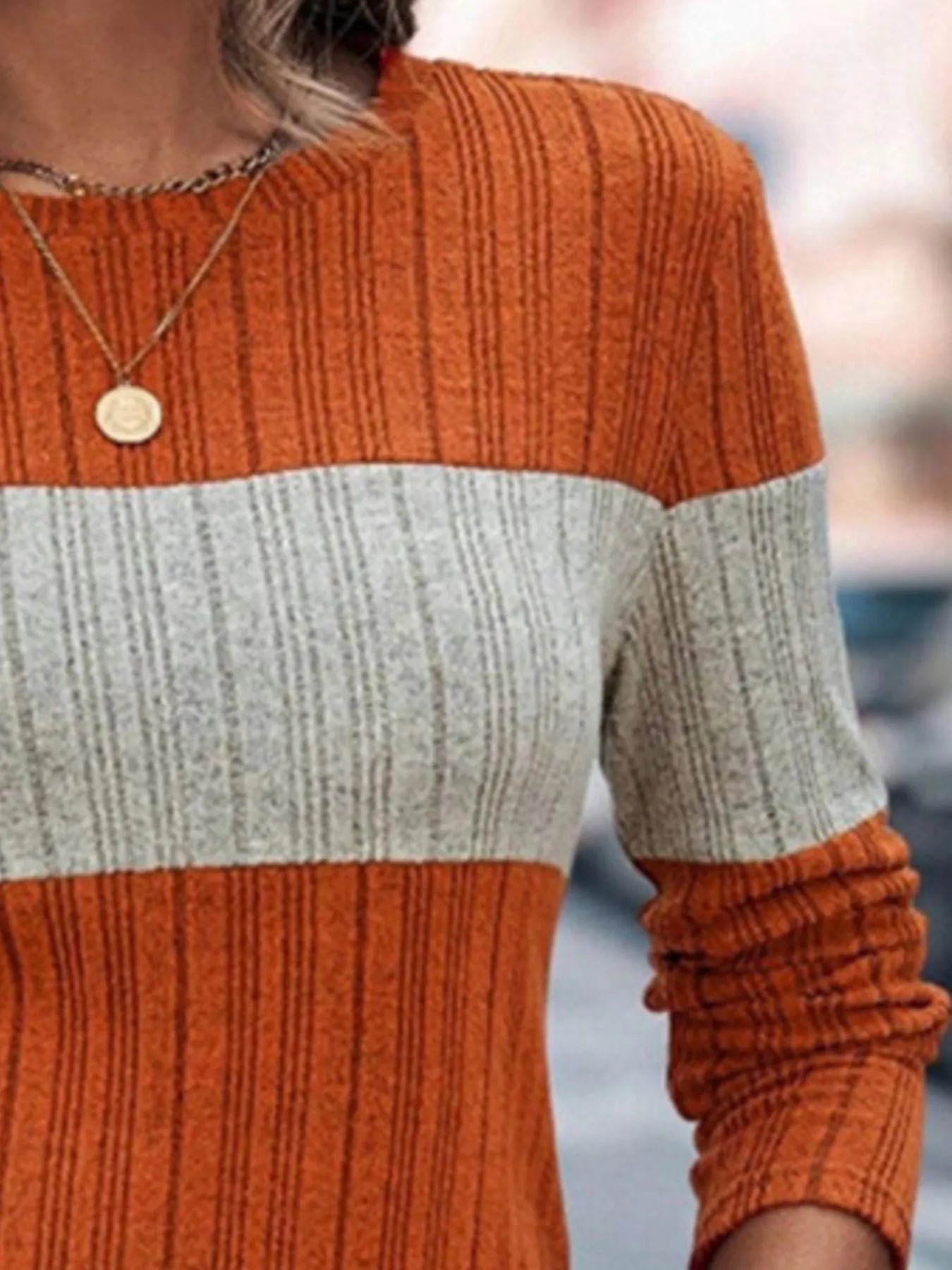 Color Block Round Neck Long Sleeve Sweater - kinko