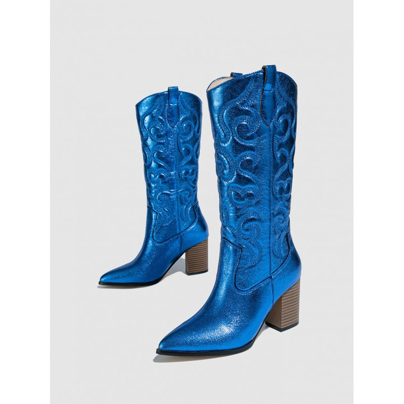 Knee High Boots Thick Sponge Soft Embroidered Floral Personality Pointed Chunky Heel High Heel plus Size Boots Ethnic - kinko Global Holdings inc