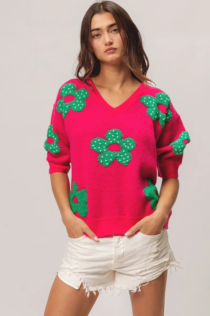 BiBi Pearl Beads Flowers Sweater Top - kinko