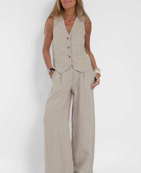 Heißer Verkauf, neues trendiges Patchwork-Set aus Weste und Hose – atmungsaktives Leinen-Freizeitoutfit
