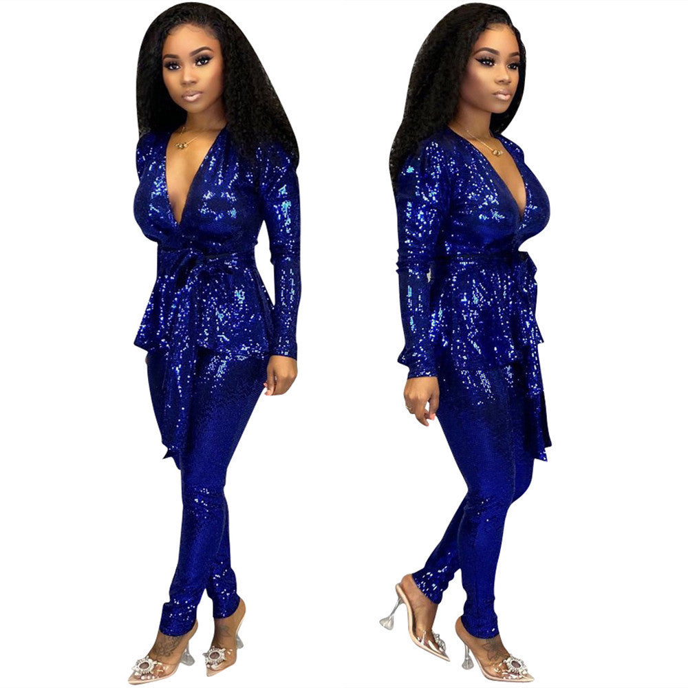 Women's Slim-fit Fashion Bronzing Long-sleeved Two-piece Suit - kinko