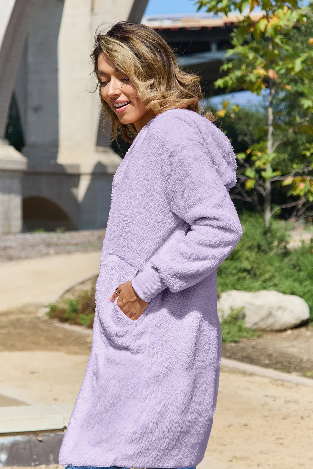 Double Take Full Size Hooded Teddy Bear Jacket with Thumbholes - kinko