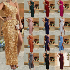 Sexy Sequined Shoulder Sleeping Beauty Split Solid Color Dress - kinko
