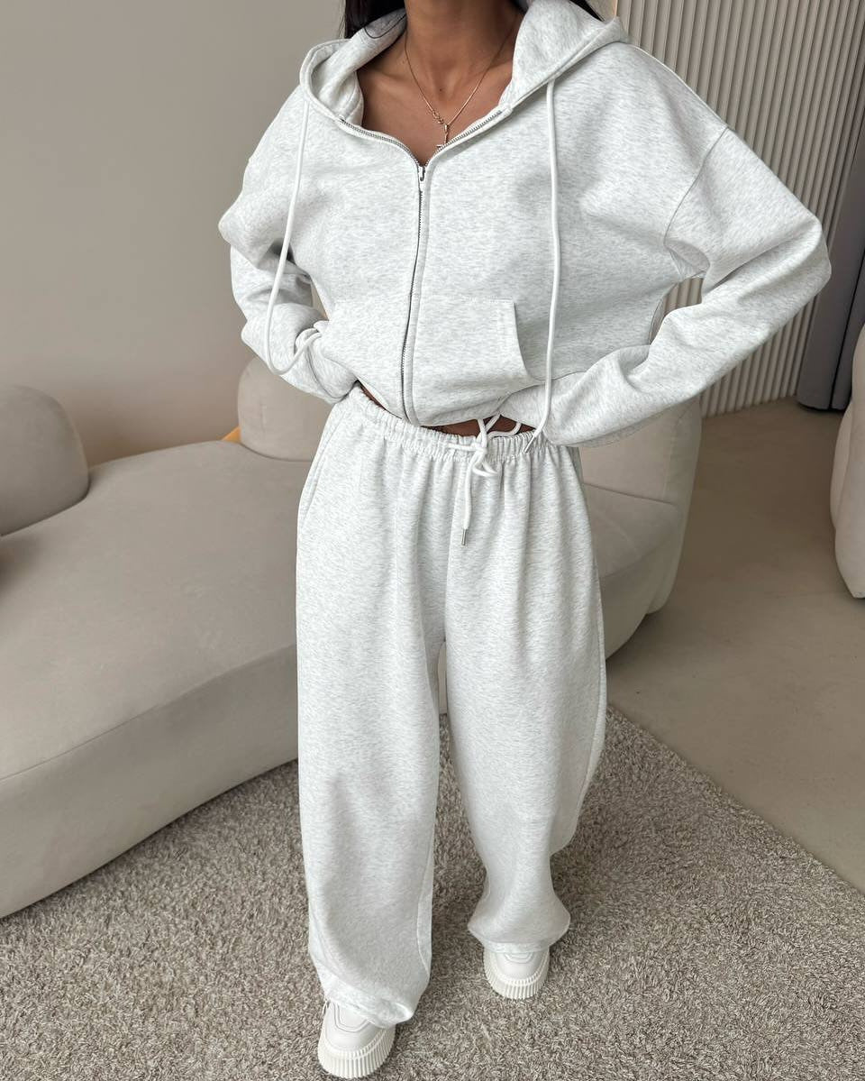 European And American Solid Color Long Sleeve Zipper Cardigan Hoodie Lace-up Trousers Two-piece Set - kinko