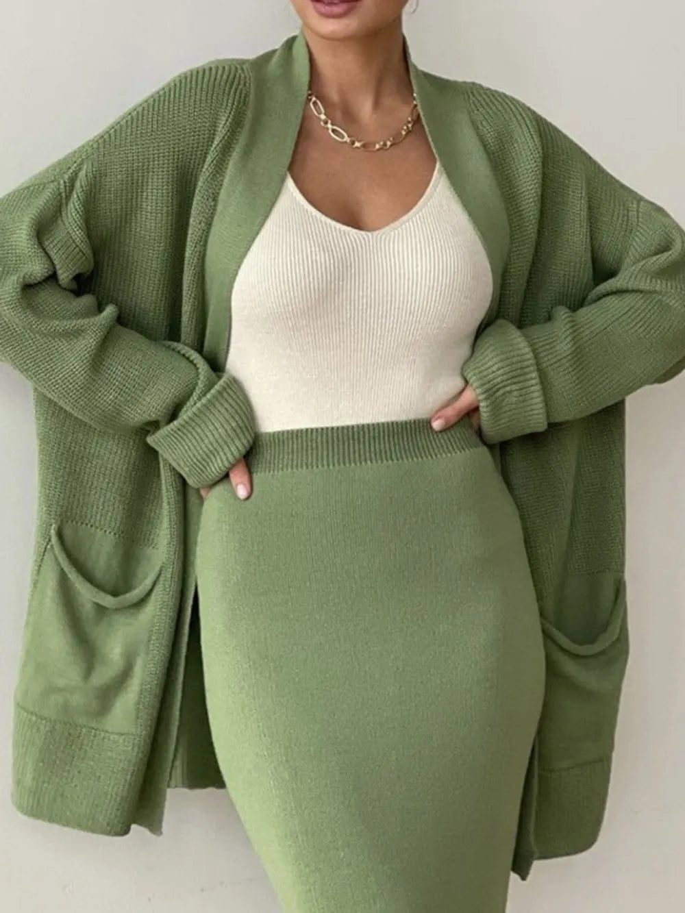Pocketed Long Sleeve Cardigan and Skirt Sweater Set - kinko