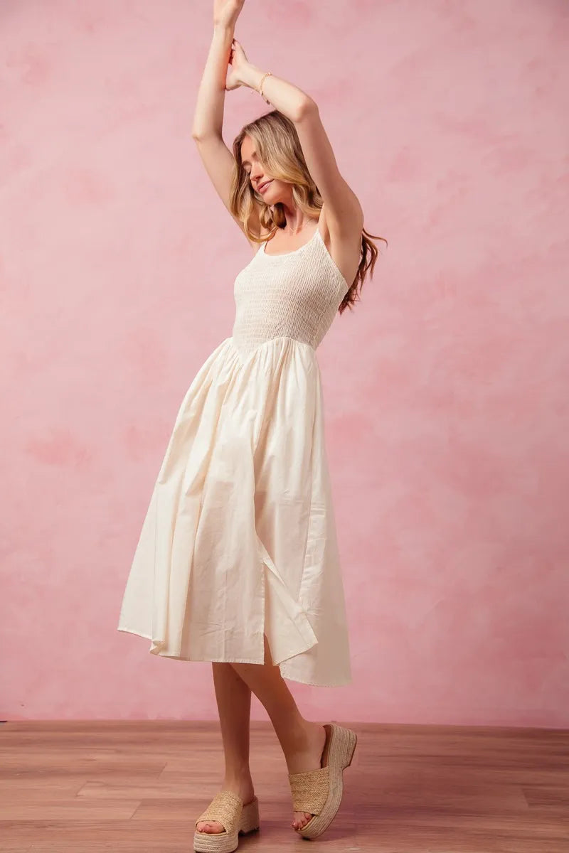SO ME Smocked Sleeveless Casual Everyday Dress With Slit - kinko