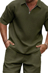 Men's Full Size Zip Collar Short Sleeve Top and Shorts Set Plus Size - kinko