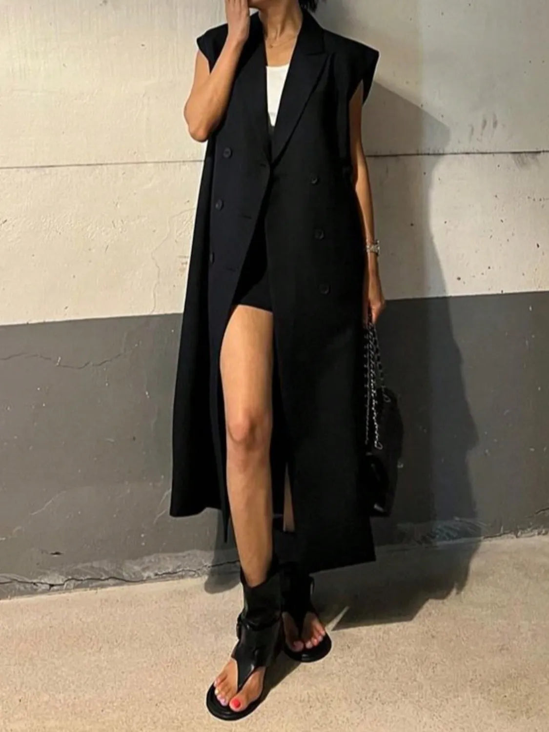Lapel Collar Sleeveless Longline Blazer - kinko