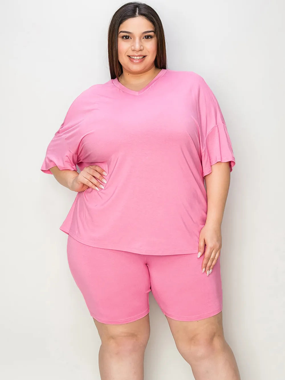 Basic Bae Full Size V-Neck Drop Shoulder T-Shirt and Shorts Set - kinko