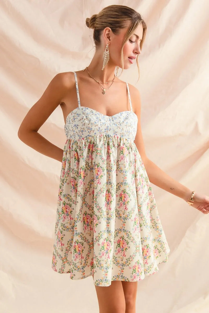 SO ME Mixed Floral Print Sleeveless Mini Dress - kinko