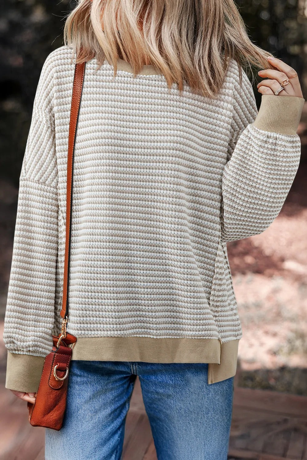 Brown Stripe Ribbed Trim Drop Shoulder Long Sleeve Oversize Top - kinko