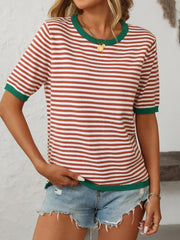 Mandy Striped Round Neck Half Sleeve Knit Top - kinko