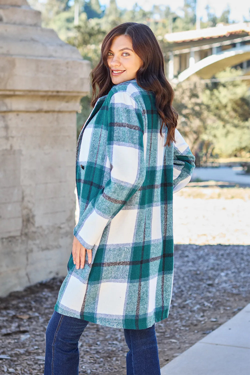 Double Take Full Size Plaid Button Up Lapel Collar Coat - kinko