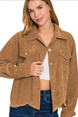 Zenana Distressed Corduroy Frayed Hem Cropped Jacket - kinko