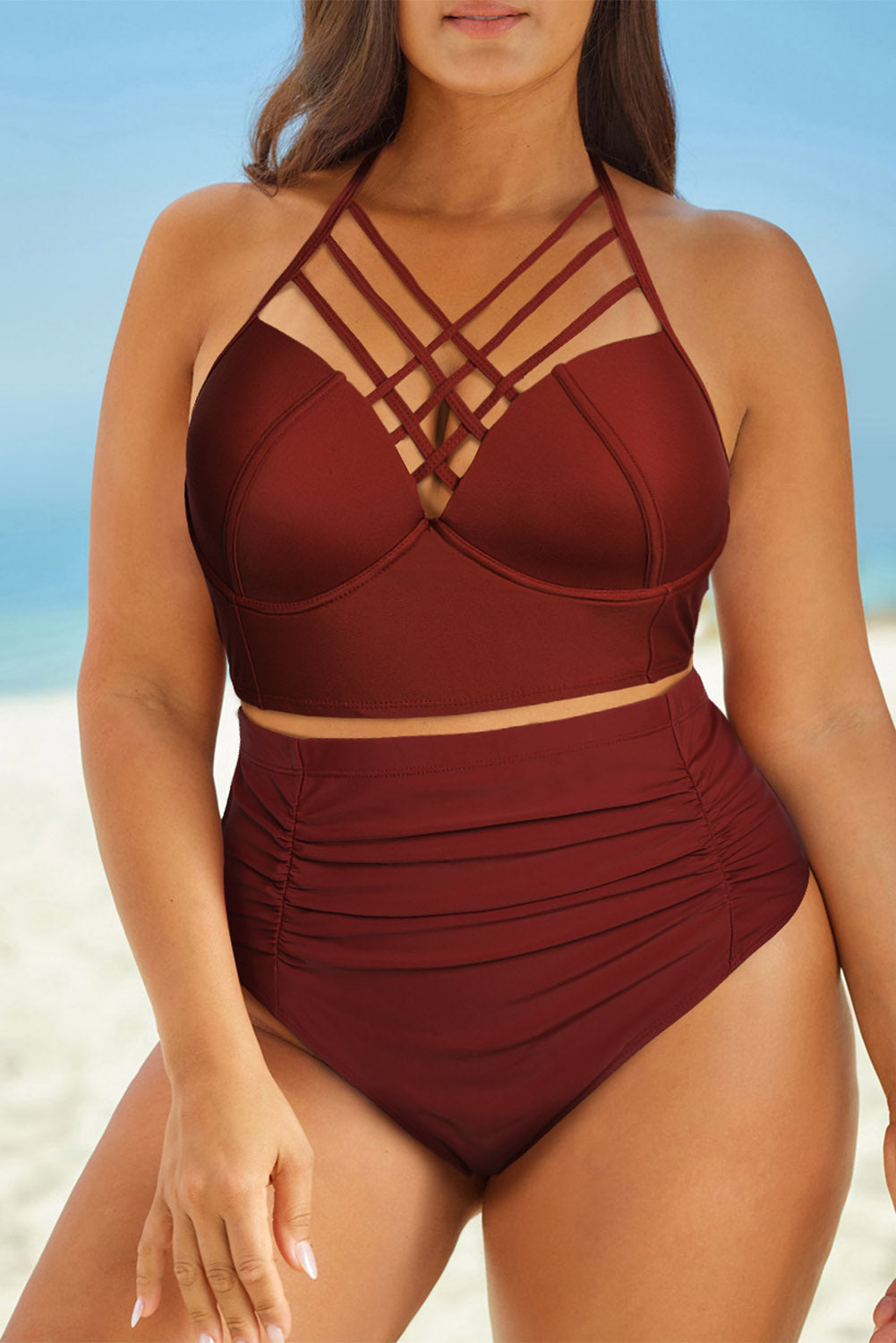 Full Size Halter Neck Crisscross Ruched Two-Piece Swimsuit - kinko