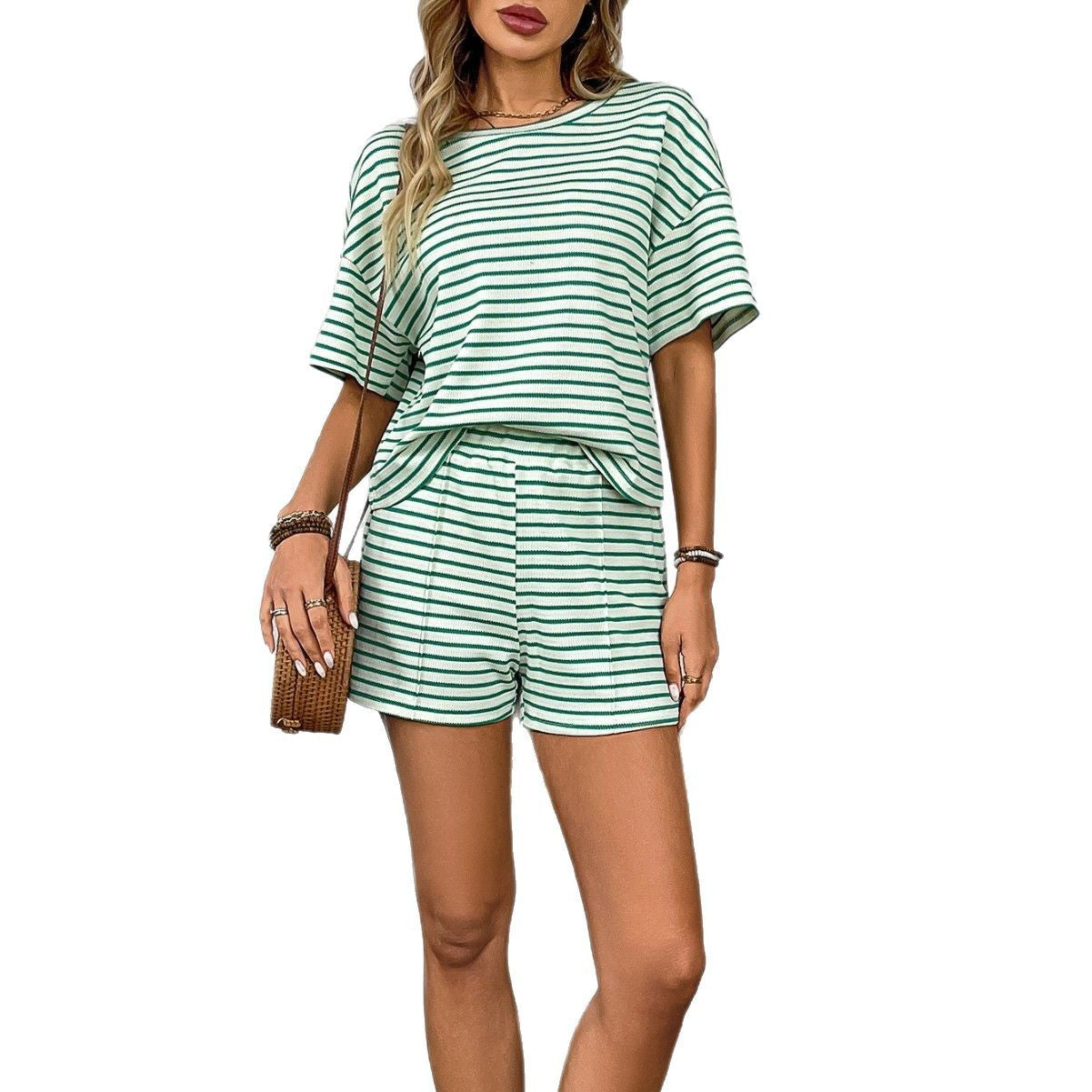 Women's Knitted Striped Fashion Casual Shorts Sports Suit - kinko