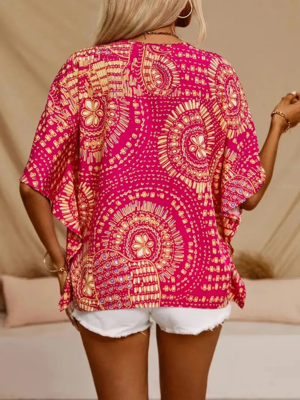 Printed V-Neck Half Sleeve Top - kinko