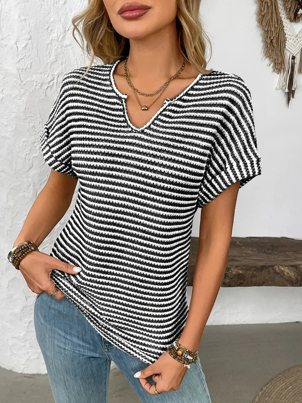 Striped Notched Short Sleeve T-Shirt - kinko