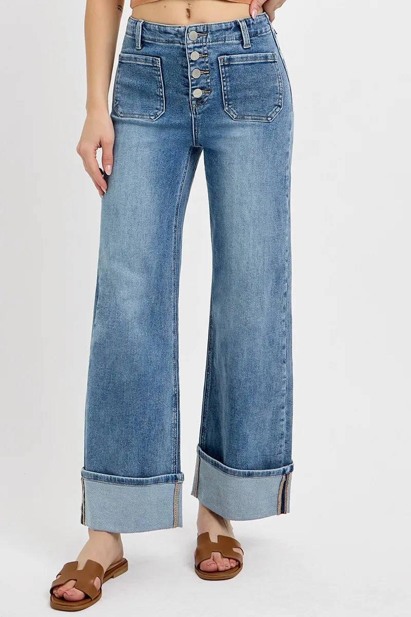 RISEN High Rise Ankle Wide Button Patch Pocket Cuffed Jeans - kinko