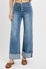 RISEN High Rise Ankle Wide Button Patch Pocket Cuffed Jeans - kinko