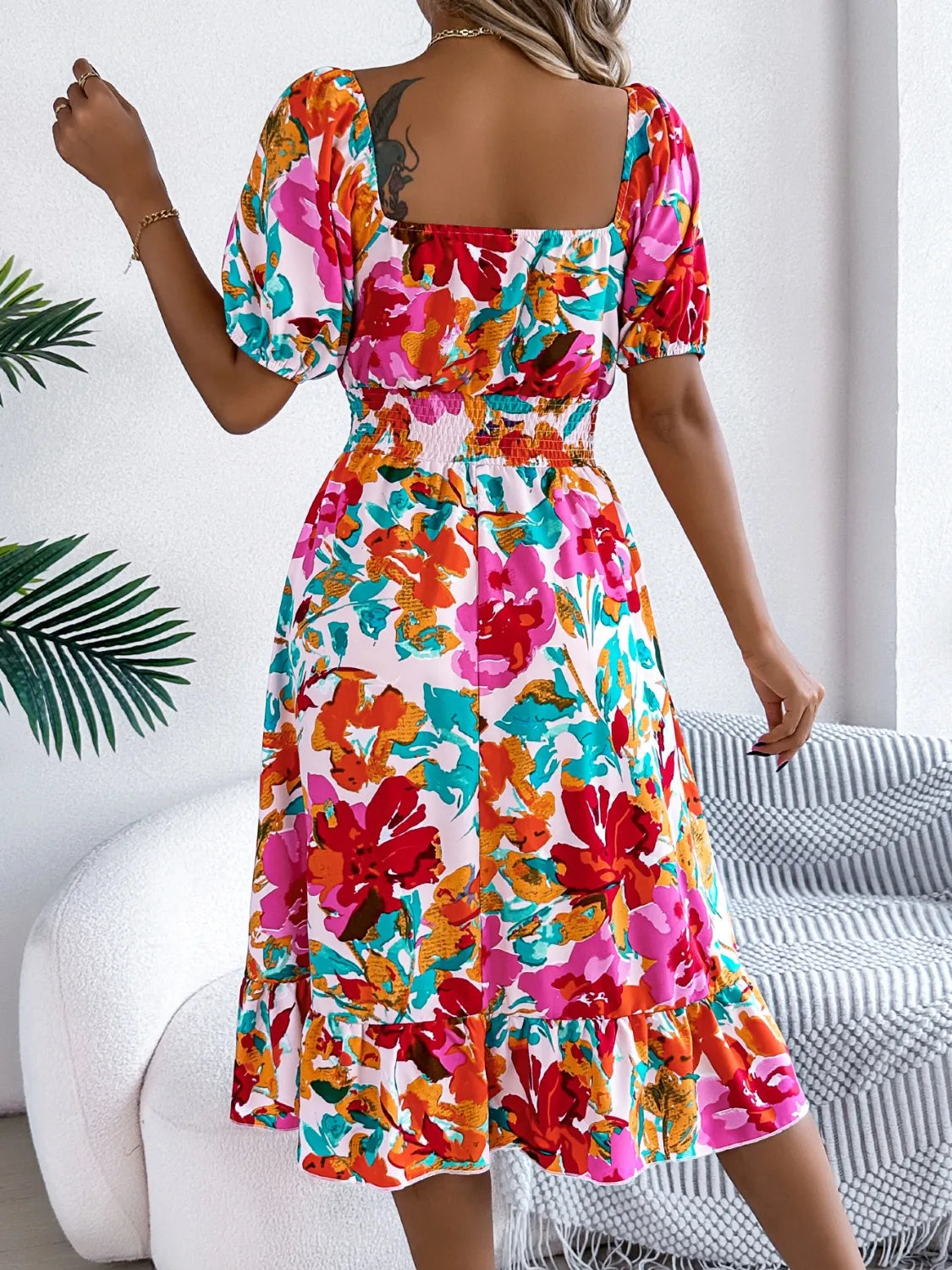 Ruffled Hem Smocked Floral Short Sleeve Midi Dress - kinko
