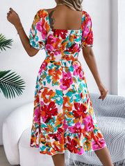 Ruffled Hem Smocked Floral Short Sleeve Midi Dress - kinko