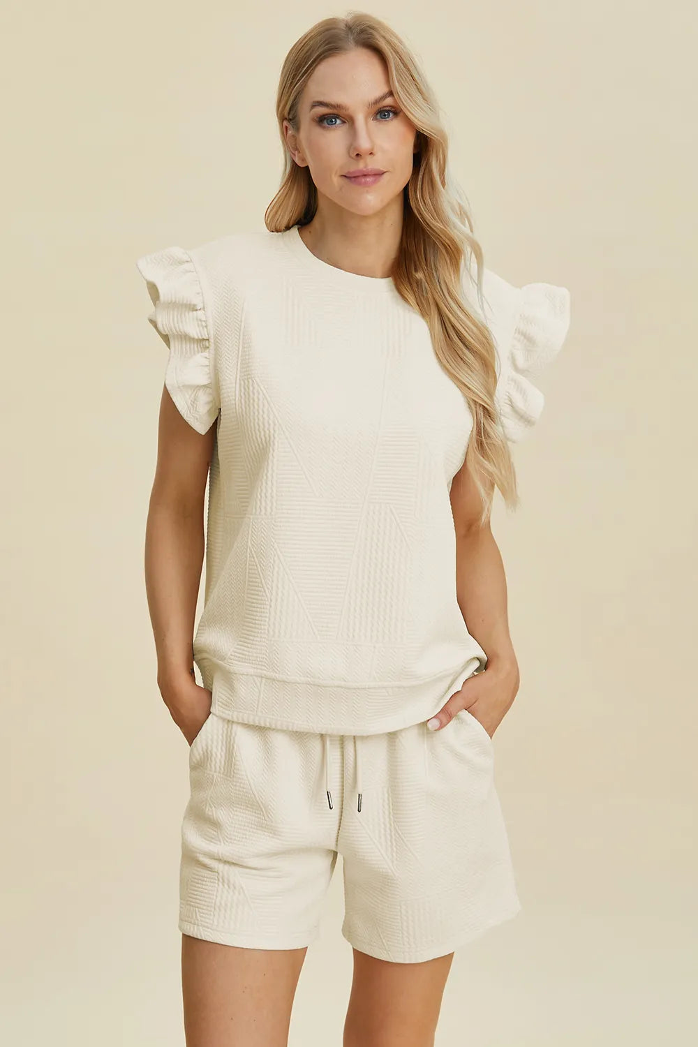 Double Take Full Size Texture Round Neck Ruffle Sleeve Top and Shorts Set - kinko