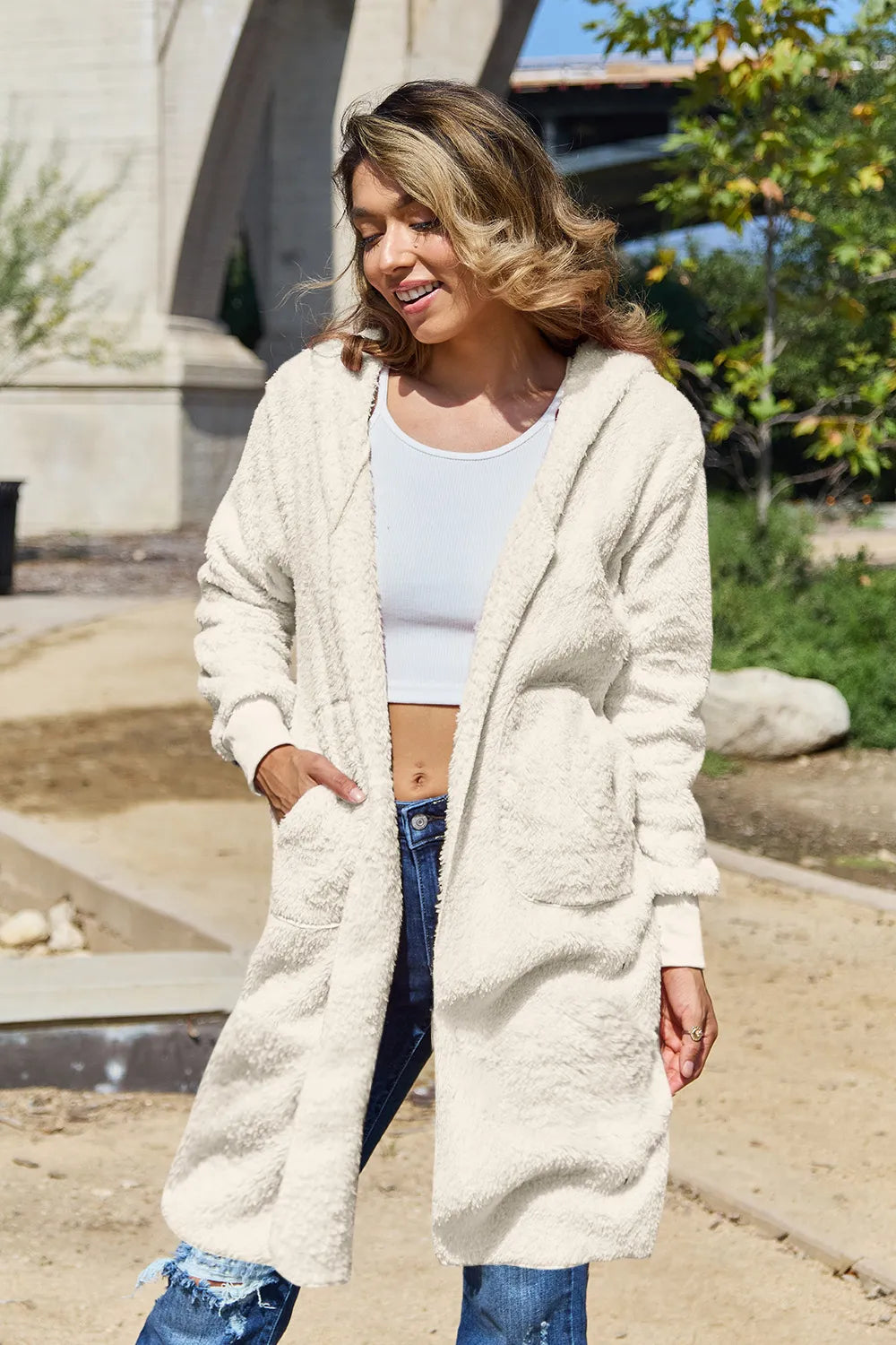 Double Take Full Size Hooded Teddy Bear Jacket with Thumbholes - kinko