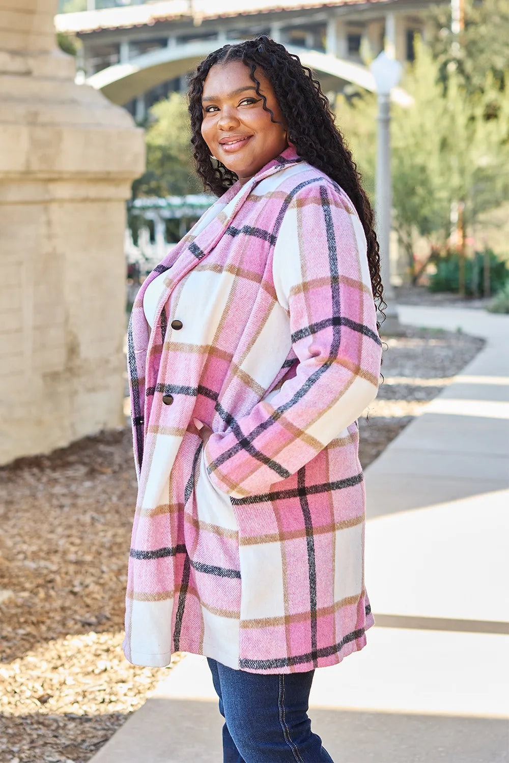 Double Take Full Size Plaid Button Up Lapel Collar Coat - kinko