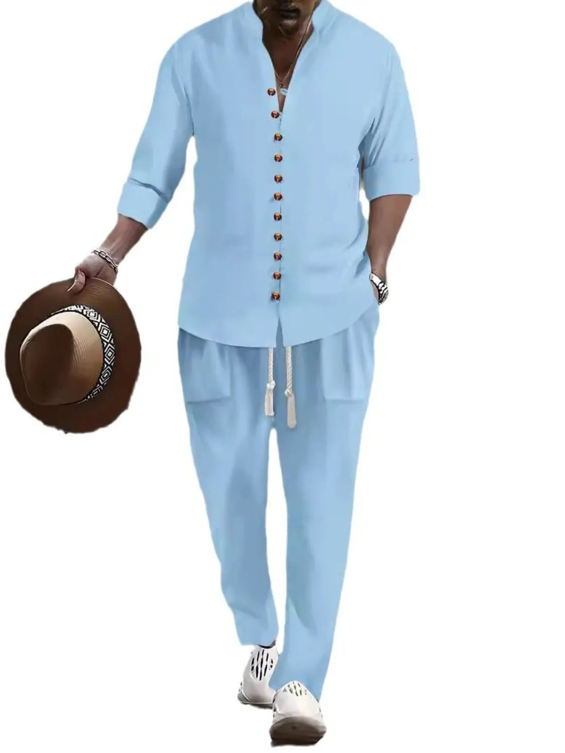 Men's Button Front Long Sleeve Shirt and Pants Set - kinko