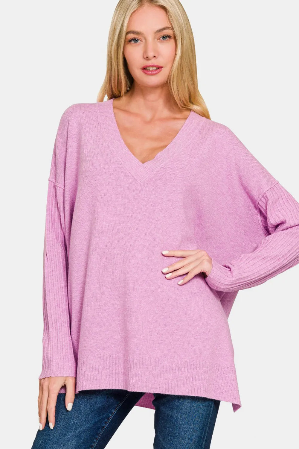 Zenana V-Neck Side Slit High-Low Sweater - kinko