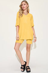 Basic Bae Bamboo Full Size V-Neck Drop Shoulder T-Shirt and Shorts Set - kinko